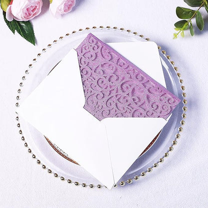 PONATIA 20 PCS Laser Cut Wedding Invitations Pockets with Envelopes for Wedding Party Bridal Shower Engagement Birthday Invite (Purple Glitter)