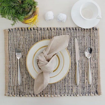 Chardin Home Natural Jute & Grey Placemats, Set of 4 – Rustic Handmade Boho Table Mats, 13x19 Inch Dining Table Placemats for Kitchen, Everyday Meals, Holidays, Farmhouse or Modern Table Décor