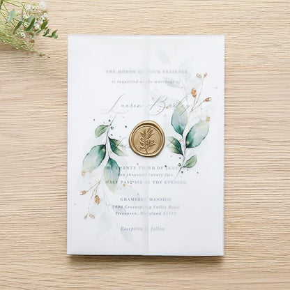 PONATIA 50PCS Vellum Jackets for 5x7 Invitation Cards - 135GSM Green Leaves Vellum Sleeves, 5x7'' Clear Jackets Wedding Invitations Wraps - Transparent Card Jackets