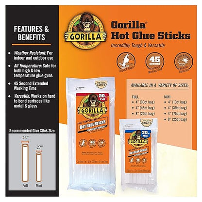 Gorilla Hot Glue Sticks, Clear Glue, Mini Size 4" Long x 0.27" Diameter, 75 Count (Pack of 1) - Safe for All Temperatures with Extended Working Time