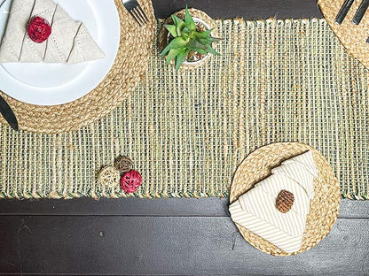 Chardin home Natural Jute Table Runner 13x48 Inch – Vintage Boho Rustic Table Decor – Handwoven Table Runner in Natural Jute and Green – Farmhouse Dining or Console Table Accent
