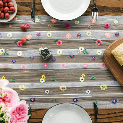Artoid Mode 6PCS Embroidery Daisy Gauze Table Runner 120 Inch 10FT, Seasonal Sheer Kitchen Dining Holiday Wedding Birthday Table Decor for Home Party