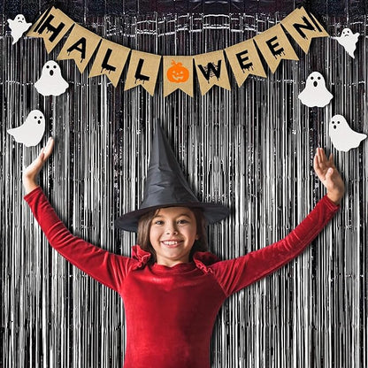 BRAVESHINE Black Halloweens Party Foil Fringe Curtains - 2 Pack Metallic Tinsel Photo Booth Streamers Backdrop for Birthdays, Stranger Theme, Music, Prom, Christmas Party Decorations