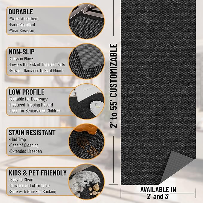 Ottomanson Commercial Scrape Rib Entry Mat – Heavy Duty Ribbed Floor Mat for High Traffic – Non Slip Rubber Back, Waterproof – Indoor Outdoor Use for Offices, Schools, Lobbies, 2'7" x 51', Black