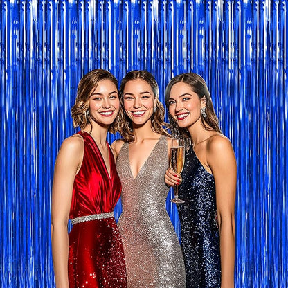 BTSD-home Blue Foil Fringe Curtain, Metallic Photo Booth Backdrop Tinsel Door Curtains for Wedding Birthday Bridal Shower Baby Shower Bachelorette Christmas Party Decorations(4 Pack, 8ft x 3ft)