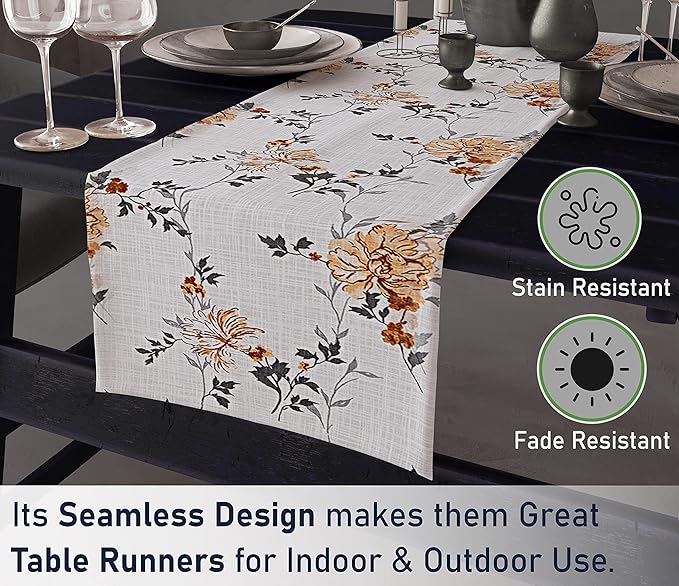 Ruvanti 100% Cotton Table Runner 72 Inches Long, Non-Slip, Stain Resistant, Washable & Reusable Table Runners Perfect for Wedding, Parties, Christmas, Holiday, in-Door use - Grey Floral