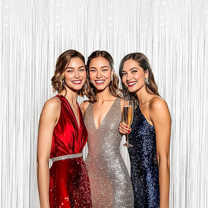 BTSD-home 4 Pack 3x 8ft White Foil Fringe Curtain Backdrop Party Streamers Decorations Metallic Photo Booth Tinsel Theme Bachelorette Graduation Wedding Birthday Bridal Shower Christmas Decor Supplies