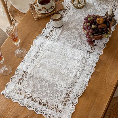 White Elegant Vintage Lace Table Runner,Wedding Lace Decor with Floral Embroidery,Tea Party Decor (White, 13.8X71 Inches)