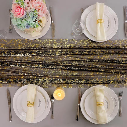 Snowkingdom 6 Pcs Black & Gold Cheesecloth Table Runner 10 FT, Sheer Chiffon Sparkle Gauze Mesh Runners 120 Inch, Glitter Table Centerpieces Decoration for Birthday Party Wedding Christmas Halloween