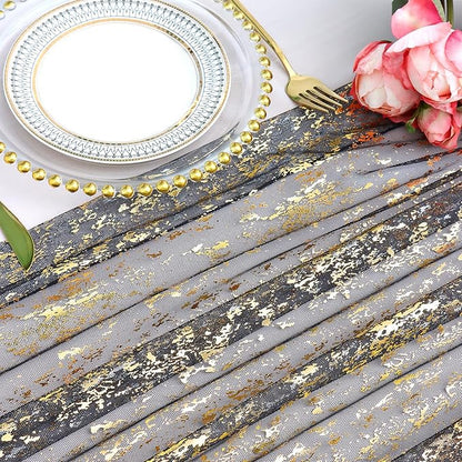 LOMOHOO 10 Ft Black Table Runner, Black Sheer Sequin Table Runners 120 Inches Long Glitter Metallic Foil Lace Fabric Table Decor for Birthday Party Wedding Anniversary Centerpiece (2pcs)