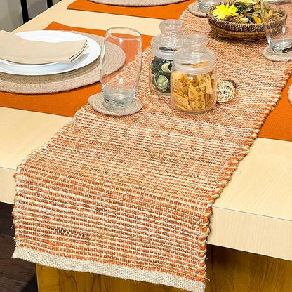 Chardin home Natural Jute Table Runner 13x48 Inch – Vintage Boho Rustic Table Decor – Handwoven Table Runner in Natural Jute and Rust Orange – Farmhouse Dining or Console Table Accent