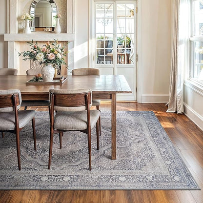 Bloom Rugs Washable Non-Slip 8' x 10' Rug - Blue/Steel Gray/Beige Traditional Medallion Area Rug for Living Room, Bedroom, Dining Room, and Kitchen - Exact Size: 8' x 10'