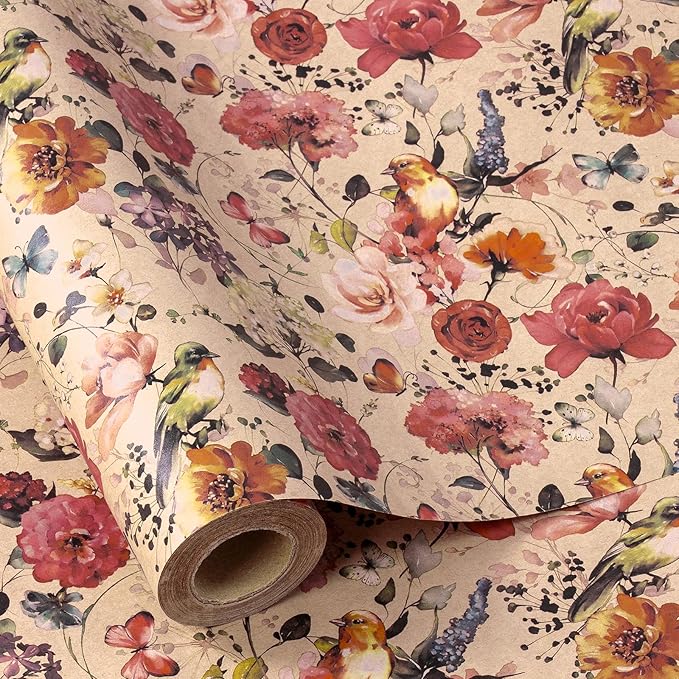 RUSPEPA Blooming Flower Wrapping Paper with Bird and Butterfly Design, 17 in x 32.8 ft Each Roll, Mini Roll Kraft Floral Wrapping Paper for Girls, Women, Spring and Birthday