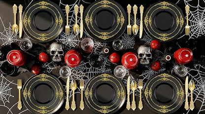 Nervure 350PCS Black Plastic Plates - Black Plastic Dinnerware Sets for 50 Guests - 100 Disposable Plates, 150 Gold Silverware, 50 Cups, 50 Napkins for Wedding & Party & Halloween