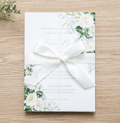PONATIA 50 PCS Vellum Jackets for 5x7 Invitations- 135gsm White Floral Printed Vellum Sleeves, Quinceanera Wedding Invitation Cards Wraps, Green Flower Transparent Jacket