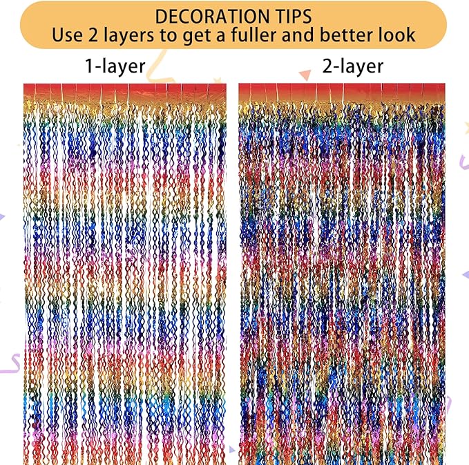 3 Pack Colorful Foil Fringe Curtain Backdrop - 6.6 x 3.3 ft Wavy Rainbow Tinsel Backdrop Curtain Metallic Streamers Iridescent Holiday Photo Booth Party Decorations