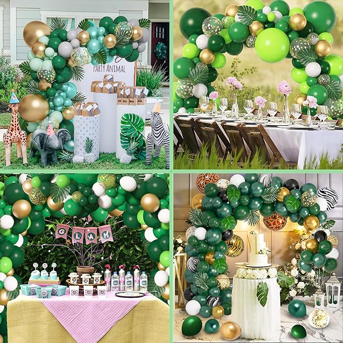 Amandir 153pcs Green and Gold Balloon Garland Arch Kit, Different Sizes 18 12 10 5 inch Green Latex Metallic Confetti Balloons for Graduation Birthday Anniversary Safari Party Decoration Supplies