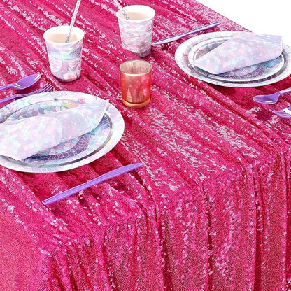 QueenDream Sparkly Sequin Tablecloth - Fuchsia Table Cloth 50x80 Inches Rectangle Table Overlay Fabric for Birthday Parties Baby Shower Decoration