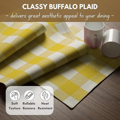 Native Fab Table Runner Buffalo Check Plaid 100% Cotton - 13x108 Inches Kitchen Dining Table Decoration for Indoor Outdoor Farmhouse Home Party Decor -Lemon Yellow and White
