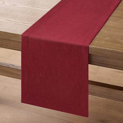ZeeMart Linen Textured Border Table Runner, 14 x 108 Inch Red, Farmhouse Style Red Table Runners 108 Inches Long, Easy Care Everyday Polyester Table Runner