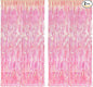 BRAVESHINE Clear Pink Streamers Party Decorations Iridescent Foil Fringe Backdrop - 2 Pack 3.2 x 6.5 ft Holographic Tinsel Curtain Party Photo Backdrop for Valentine’s Girl Birthdays Engagement Decor