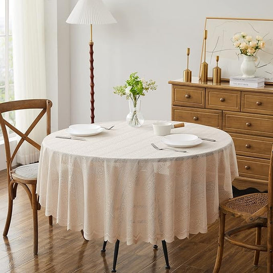 LinenZone Lace Round Tablecloth with Elegant Scalloped Bottom for Any Special Event Such as Wedding, Birthday Party, Baby Shower, Anniversary. Sits 6 to 8 People. (Linda 90 Round, Linen)