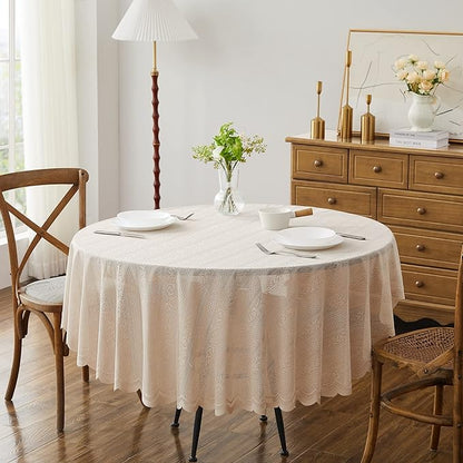 LinenZone Round Lace Tablecloth with Elegant Scalloped Bottom for Any Special Event Such as Wedding, Birthday Party, Baby Shower, Anniversary. Sits 4 to 6 People. (Linda 70 Round, Linen)