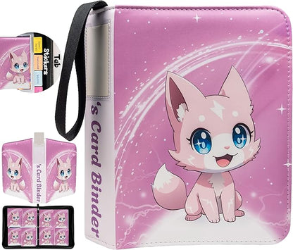 Cute Pink Trading Card Binder 4 Pocket for Girls Gifts - Includes Name Tag & Tab Stickers for Sorting - 440 Pockets Card Binders Zipper Album Book Holder - Baseball Football Sports Tcg Card Case