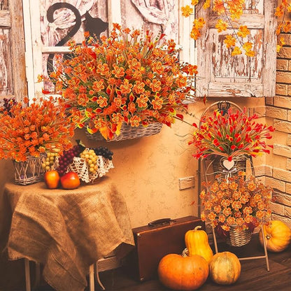 16Pcs Outdoor Fall Flowers UV Resistant Artificial Fall Flowers Autumn Plastic Flowers Plants Fall Greenery Shrubs for Outside Garden Front Porch Patio Thanksgiving Decor
