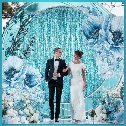 Jutom 6 Pieces 3.3 x 6.6 ft Wavy Tinsel Foil Fringe Curtains Foil Fringe Streamer Backdrop Party Curtain for Sea Mermaid Baby Shower Birthday Party Decoration(Blue Green)