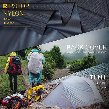 emma kites Black Ripstop Nylon PU3000 Waterproof 1.9 oz 70D Diamond Grid Tear Resistant for Tent Rainfly Rain Kilt Poncho Dry Bag Backpack Bike Cover (Selvedge Removed) Pre-Cut 1 Yard