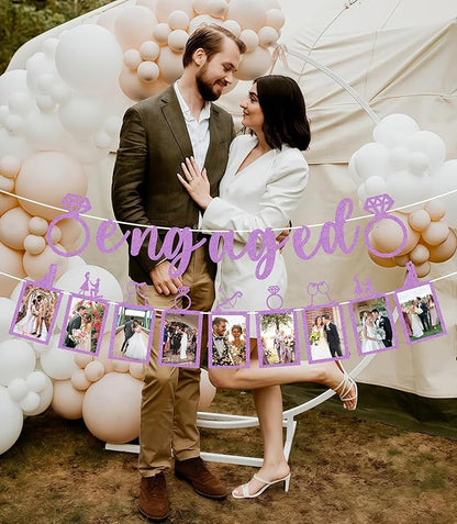 Pre-Strung Engaged Photo Banner - Purple Glitter Engagement Party Decoration Supplies with Romantic Memories Picture Card Frames for Bachelorette, Bridal Shower, Wedding Party Photo Booth Props