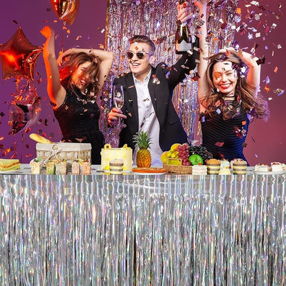 4 Pack Iridescent Table Skirt, Metallic Foil Fringe Tinsel Table Skirts for Rectangle Tables, Disposable Laser Rainbow Table Skirt Iridescent Party Decorations for Birthday Wedding Holiday, 29x108Inch