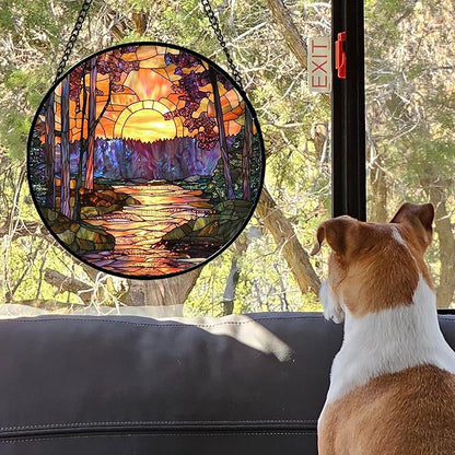 Stained Glass Window Hanging, Orange Landscape Green Purple Lake Forest Suncatcher for Doors Window Home Sun Catchers Decor Mother's Day Birthday Gifts for Women Men Mom 11.8 in