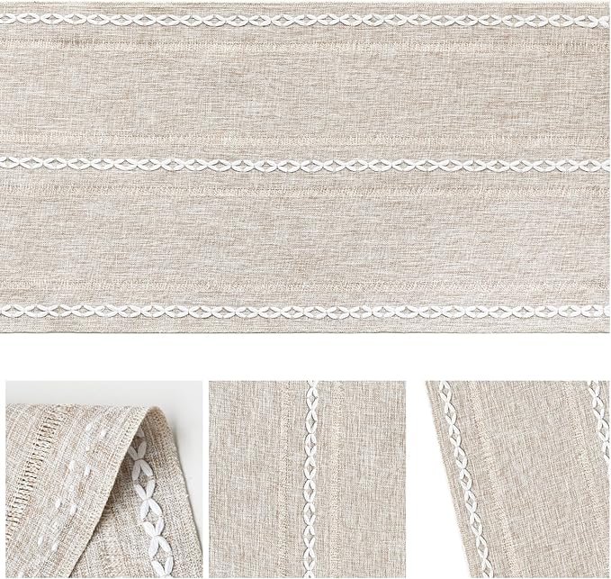 Artoid Mode Brown Rustic Cotton Linen Table Runner, Seasonal Embroidered Hollow Kitchen Dining Table Decoration for Home Party Decor 13x72 Inch