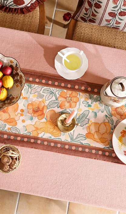 Designer Vintage Orange Floral Small Table Runner,French Farmhouse Soft Linen Coffee Table Runners 63 Inches Long,Decor Tabletop for Kitchen,Dining,Party,Home,Christmas,12"*63"