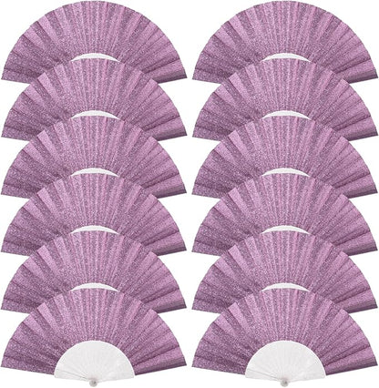 12 Pack Handheld Fan,Folding Hand Glitter Fan with Shining Transparent Fan Rib – Ideal for Wedding, Church, Festival, Dance, Tea Party, Club, and EDM Accessories, Purple