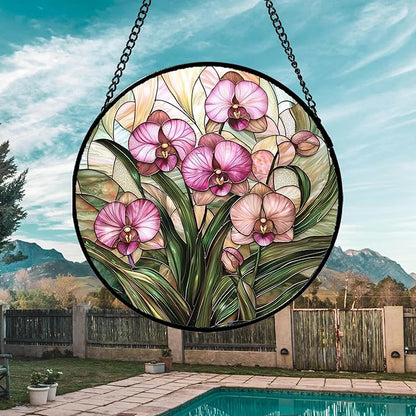 Stained Glass Window Hanging - Pink Phalaenopsis Orchid Green Leaves Sun Catcher for Door Home Decor Flower Suncatcher Christmas Mother's Day Birthday Gifts for Women Men Mom Nana 6.3 in