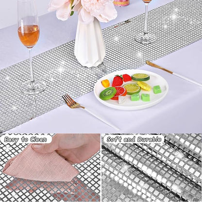 Durony 6 Pack Disco Party Table Runners, 11 x 108 Inch Silver Glitter Foil with Sparkle Sequin, Ideal for Bachelorette, 70s, Disco, Cowgirl Parties