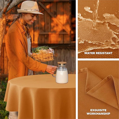 Biscaynebay Fall Tablecloth Textured Fabric Round Tablecloths 70", Bronze Thanksgiving Autumn Harvest Water Resistant Fabric Tablecloths for Kitchen, Dining, Wedding, Parties Machine Washable