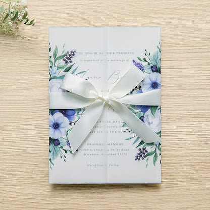 PONATIA 50 PCS Vellum Jackets for 5x7 Invitation Cards - 135GSM Royal Blue Flowers Vellum Sleeves, Transparent Gift Card Jackets
