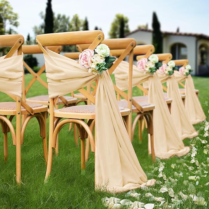 VACVELT Wedding Arch Draping Fabric Champagne Chiffon, 2 Panels Sheer Drapes 30 Inch x 20ft Chiffon Backdrop Curtain Decor, Outdoor Sheer Drapery for Ceremony Party Ceiling