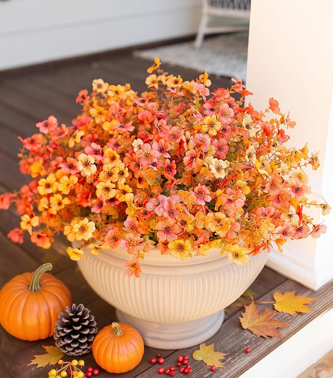 HyeFlora Artificial Fall Flowers Faux Mums for Outdoor Indoor Garden Home Decoration, Faux Flower Daisy with Eucalyptus Leaves Fake Mums Plants Greenery Boxwood Porch Patio, 12 Bundles