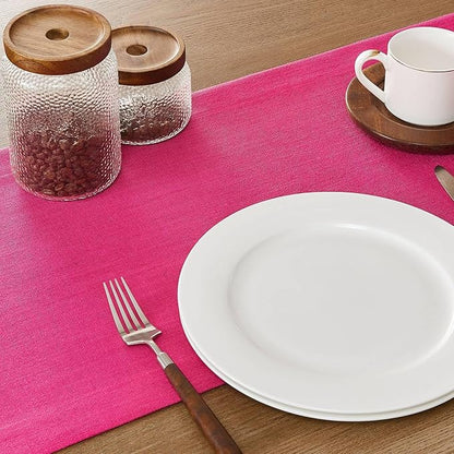ZeeMart Linen Textured Border Table Runner, 14 x 36 Inch Hot Pink, Farmhouse Style Pink Table Runners 36 Inches Long, Easy Care Everyday Polyester Table Runner