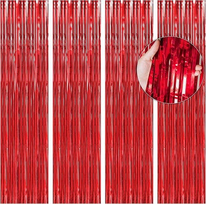 BTSD-home Red Foil Fringe Curtain, Metallic Photo Booth Backdrop Tinsel Door Curtains for Wedding Birthday Bridal Shower Baby Shower Bachelorette Christmas Party Decorations(4 Pack, 8ft x 3ft)