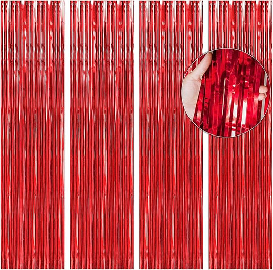 BTSD-home Red Foil Fringe Curtain, Metallic Photo Booth Backdrop Tinsel Door Curtains for Wedding Birthday Bridal Shower Baby Shower Bachelorette Christmas Party Decorations(4 Pack, 8ft x 3ft)