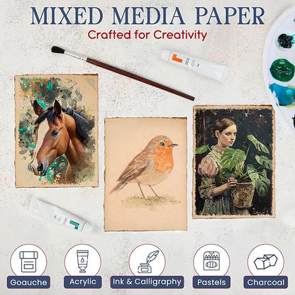 Wanderings Handmade Deckled Edge Vintage Paper - 10"x12" - Thick 300 GSM - Pack of 25 - Watercolor, Mixed Media for Artists, Writers, Bookmaking, Arts & Crafts - 100% Recycled Cotton