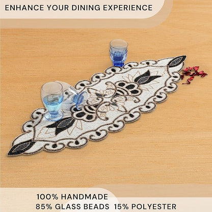36" Decorative Beaded Table Runner - Handcrafted Floral Design with Durable Polyester Backing for Dining, Coffee Table & Special Occasions (Black White Brown) - CLEENTABLE
