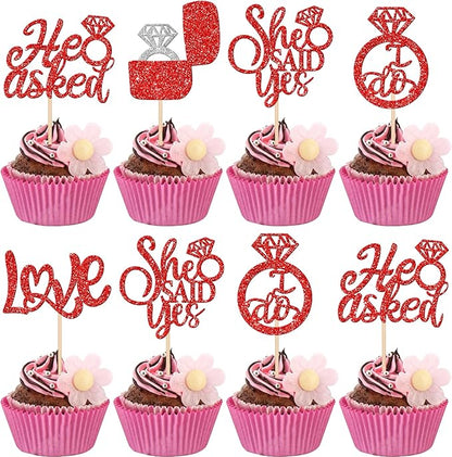 30 PCS He Asked She Said Yes Cupcake Toppers Diamond Ring Cupcake Picks Love I Do Bridal Shower Cupcake Decorations for Wedding Enaggement Theme Party Cake Decorations Supplies Red