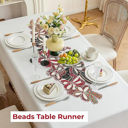 Elegant Glass Beads Table Runner 13x36 - Handcrafted Beaded Table Linen, Perfect for Weddings, Festive Celebrations, Dining Tables, Home Décor, and Everyday Use (Red White) - CLEENTABLE